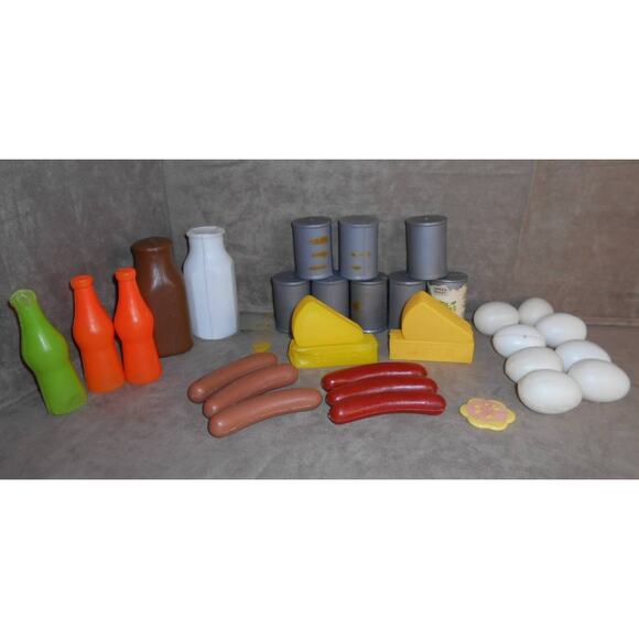 Plastic Play Food Lot: Bottles, Cans, Hot Dogs, Eggs, Cheese, Butter - Picture 1 of 9